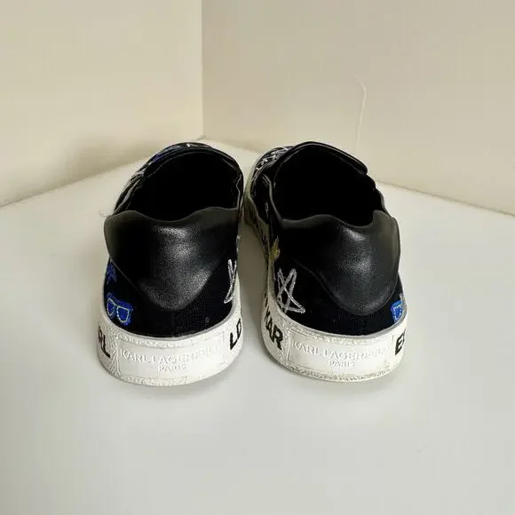 Karl Lagerfeld Paris Jazlyn Slip On Sneakers Size 8 Black Embroidered Graffiti - Picture 16 of 16